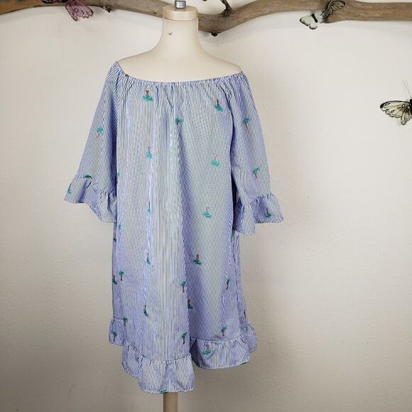 Espresso striped ruffle shift dress with palm tree - Picture 1 of 6